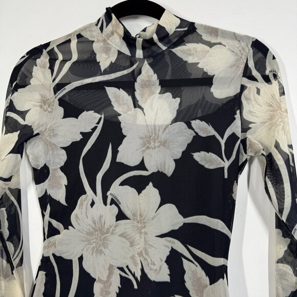 All Saints Floral Sheer Mesh Bodysuit Black Beige Size 2 Long Sleeve Top - Picture 4 of 16